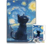 Starry Night Anime Cat Teenagers 1000 Pieces Puzzle Educational Reasoning Skill Game Ideal Thoughtful Gift for All Events Size 50x75cm
