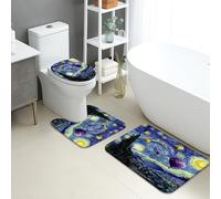 Starry Night Bathroom Mat Sets 3 Piece, Artistic Hot Air Balloons Absorbent Non Slip Toilet Rugs U Shaped Washable, Modern Quick Dry Memory Foam Rug Set