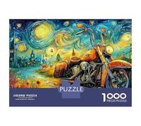 Starry Night Bike 1000 Pieces Premium Cardboard Jigsaw Puzzle Vintage Motorcycle in A Starry Night Scene for Family Office Break Activity Cognitive Training 52x38cm/1000pcs