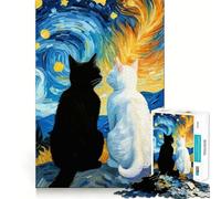 Starry Night Black Cat And White Cat Romantic Jigsaw Puzzles 1000 Piece for Teenagers Memory Build Indoor Play Fine Cut Santa Wish Pick 38x26cm