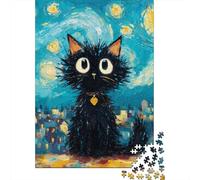 Starry Night Black Cat Art Print Jigsaw Puzzles Puzzle for Adults Kids. 1000 Pieces Whimsical Challenge Toy Educational Game Home Decoration for Educational Games Gifts 70x50cm/1000pcs