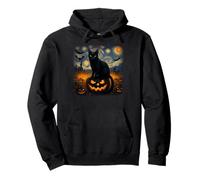 Starry Night Black Cat Art With Retro Village Scene Pullover Hoodie