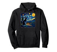 Starry Night Black Cat Art With Retro Village Scene Pullover Hoodie