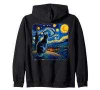 Starry Night Black Cat Art With Retro Village Scene Zip Hoodie
