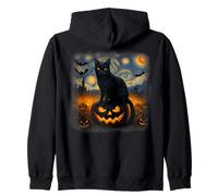 Starry Night Black Cat Art With Retro Village Scene Zip Hoodie