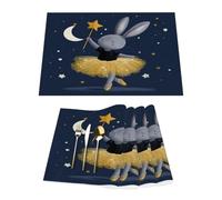 Starry Night Cartoon Dancing Rabbit Vinyl Placemats Set of 4 for Dining Tables,Kitchen Table Mats Heat Resistant Washable Wipeable PVC Place Mat