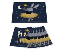 Starry Night Cartoon Dancing Rabbit Vinyl Placemats Set of 6 for Dining Tables,Kitchen Table Mats Heat Resistant Washable Wipeable PVC Place Mat