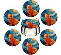 Starry Night Cat 6Pack Ceramic Drink Coasters,Quick-Absorb Stone Coasters with Anti-Slip Cork Backing & Metal Holder, Table Protectors for Kitchen Bar