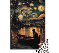 Starry Night Cat Boat 1000 Piece Thick Cardboard Diy Jigsaw Puzzle Family Lovers Fun Challenge Beautiful Decoration 52x38cm/1000pcs