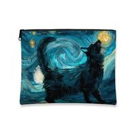 Starry Night Cat Makeup Bag, Artistic Blue Swirl Cosmetic Travel Pouch for Women, Portable Canvas Zipper Organizer, Winter Skincare Toiletry Bag, Blue, 7x9 Inch, Cat