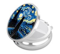 Starry Night Cat Pill Case, Pill Box 3 Compartments Metal Small Pill Holder with Mirror Mini Travel Pill Container for Purse Pocket Women Men