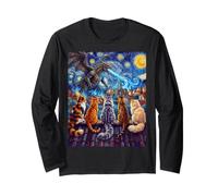 Starry Night Cats Looking at Kaiju Vangogh Rooftop Funny Long Sleeve T-Shirt