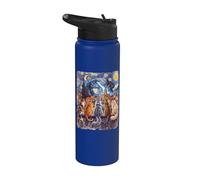 Starry Night Cats Looking at Kaiju Vangogh Rooftop Funny Stainless Steel Insulated Water Bottle