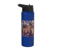 Starry Night Cats Looking at Kaiju Vangogh Rooftop Funny Stainless Steel Insulated Water Bottle