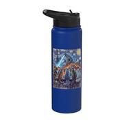 Starry Night Cats Looking at Kaiju Vangogh Rooftop Funny Stainless Steel Insulated Water Bottle