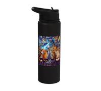 Starry Night Cats Looking at Kaiju Vangogh Rooftop Funny Stainless Steel Insulated Water Bottle