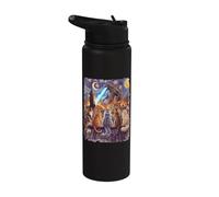 Starry Night Cats Looking at Kaiju Vangogh Rooftop Funny Stainless Steel Insulated Water Bottle