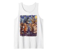 Starry Night Cats Looking at Kaiju Vangogh Rooftop Funny Tank Top