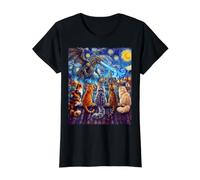 Starry Night Cats Looking at Kaiju Vangogh Rooftop Funny Value Graphic T-Shirt, Women, Black, M