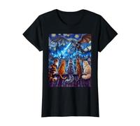 Starry Night Cats Looking at Kaiju Vangogh Rooftop Funny Value Graphic T-Shirt, Women, Black, S