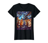 Starry Night Cats Looking at Kaiju Vangogh Rooftop Funny Value Graphic T-Shirt, Women, Black, XL