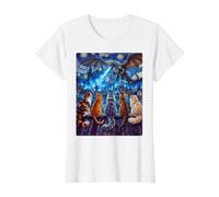 Starry Night Cats Looking at Kaiju Vangogh Rooftop Funny Value Graphic T-Shirt, Women, White, S