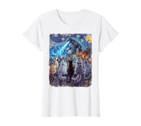 Starry Night Cats Looking at Kaiju Vangogh Rooftop Funny Value Graphic T-Shirt, Women, White, XS