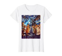 Starry Night Cats Looking at Kaiju Vangogh Rooftop Funny Value Graphic T-Shirt, Women, White, XS