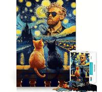 Starry Night Cats with Vincent Van Gogh Art Jigsaw Puzzles 1000 Piece for Teenagers Memory Build Indoor Play Fine Cut Santa Wish Pick 50x75cm