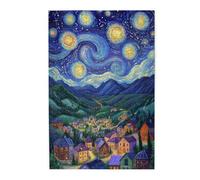 Starry Night in The Mountains Village Jigsaw Puzzle,Oil Painting Starry Night Wooden Jigsaw Puzzle,500 Pcs,Let Your Imagination Run Wild,Hands-On Assembly of Your Home Décor Wall Art