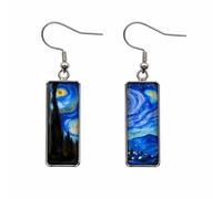 Starry Night-Inspired Art Earrings - Van Gogh Style Painted Rectangle Glass Dangle Drop Earrings - Handmade Artistic Jewellery for Women - Creative Gifts for Artists and Art Lovers