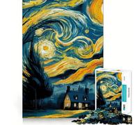Starry Night Inspired Landscape Painting Adults Puzzles 1000 Piece Jigsaws Brain Teaser Home Pastime Image Assembly Memorable Gift 38x52cm