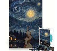 Starry Night Inspired Landscape Painting Adults Puzzles 1000 Piece Jigsaws Brain Teaser Home Pastime Image Assembly Memorable Gift 50x75cm