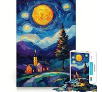 Starry Night Landscape with Church 1000 Pieces Jigsaw Puzzles for Adults Smart Game Stress Release Pattern Assembly Xmas Surprise 38x26cm