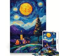 Starry Night Landscape with Church 1000 Pieces Jigsaw Puzzles for Adults Smart Game Stress Release Pattern Assembly Xmas Surprise 38x26cm