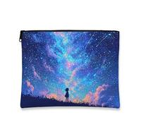 Starry Night Makeup Bag, Galaxy Space Print Cosmetic Travel Pouch for Women, Portable Small Canvas Zipper Organizer, Night Sky Gift Toiletry Bag, Festival Essential, Blue, 7x9 Inch