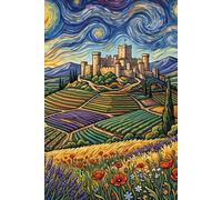 Starry Night Medieval Castle Art Journal: 6x9 Inch Lined Notebook, Van Gogh Inspired Landscape with Lavender and Poppy Fields, Aesthetic European Fortress and Vineyard Art Diary