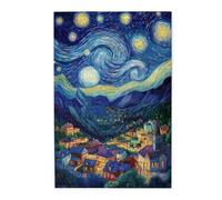 Starry Night Mountains Village 1000 Piece Adults Wooden Jigsaw Puzzle,Swirl Clouds,Glowing Windows,Artistic Oil Painting,Stress Relieving Pleasure,Gift for Family and Friends