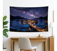 Starry Night Ocean Blue Tapestry, Scenic Landscape Wall Hanging, Aesthetic Decor for Living Room, Bedroom, Dorm, Mystical Home Accents 60x40 Inch