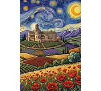 Starry Night Over European Countryside Journal: 6x9 Inch Lined Notebook, Van Gogh Inspired Landscape with Poppy and Lavender Fields, Aesthetic Church and Mountain Art Diary for Journaling (100 Pages)