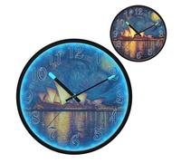 Starry Night over The Lake Canvas Art Night Light Wall Clock LED Wall Clocks Silent Battery-Operated Glow in The Dark Large Digital Display for Bedroom Living Room Kitchen, 12 Inch