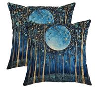 Starry Night Pillow Covers Set of 2, Blue Moon Forest Throw Pillows Case, Decorative Square Modern Home Decor Cushion Covers for Sofa Bed Couch 16x16 Inch