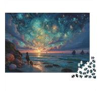 Starry Night Seaside Jigsaw Puzzle 1000 Piece Jigsaw Puzzle 1000 Pieces Puzzle Game Sunset Beach View Relaxing for Adults 52x38cm/1000pcs