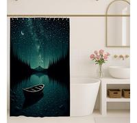 Starry Night Shower Curtain, Navy Blue Lake Boat Bathroom Decor, Winter Holiday Rustic Nature Inspired Waterproof Fabric Shower Curtain for Home Bath with Hooks 40x78 Inch