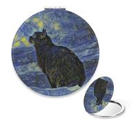 Starry Night Sky Black Cats Compact Mirror, 1x/2x Round Travel Mirror Folding, Travel Size Makeup Pu Leather Portable Mirrors, Mini Essentials Compact Mirrors, Gifts for Women, Small Gifts for Women