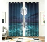 Starry Night Sky & Emerald Waters Print Eyelet Curtains W 46" x L 54" (2 Panels), Midnight Blue & Emerald Green Design Thermal Blackout Drapes for Kids Room and Nursery, Bedroom Home Cinema