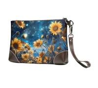 Starry Night Sky Leather Clutch Bag for Women, Sunflower Wristlet Purse with Detachable Strap Evening Handbag, Ladies Long Wallet for Wedding Party Travel Business