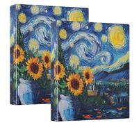 Starry Night Sunflowers Blue 1 1/2 Inch 3 Ring Binders Hold 200 Sheets Cute Portfolio Ring Floral Round Ring Planner Binder, 12.4x10.63x2.36inch, 2 Pack