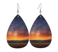 Starry Night Sunset Skyscape Leather Earrings Dangle Drop Earring Lightweight Teardrop Earrings Vintage Bohemian Earring for Women Christmas Birthday Gift Fashion Jewelry