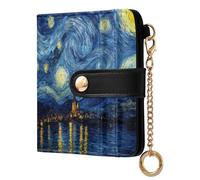 Starry Night Town Blue Print Small Women Wallet RFID Blocking PU Leather Bifold Compact Card Holder with Zipper Coin Pocket Purse for Ladies Girls Women